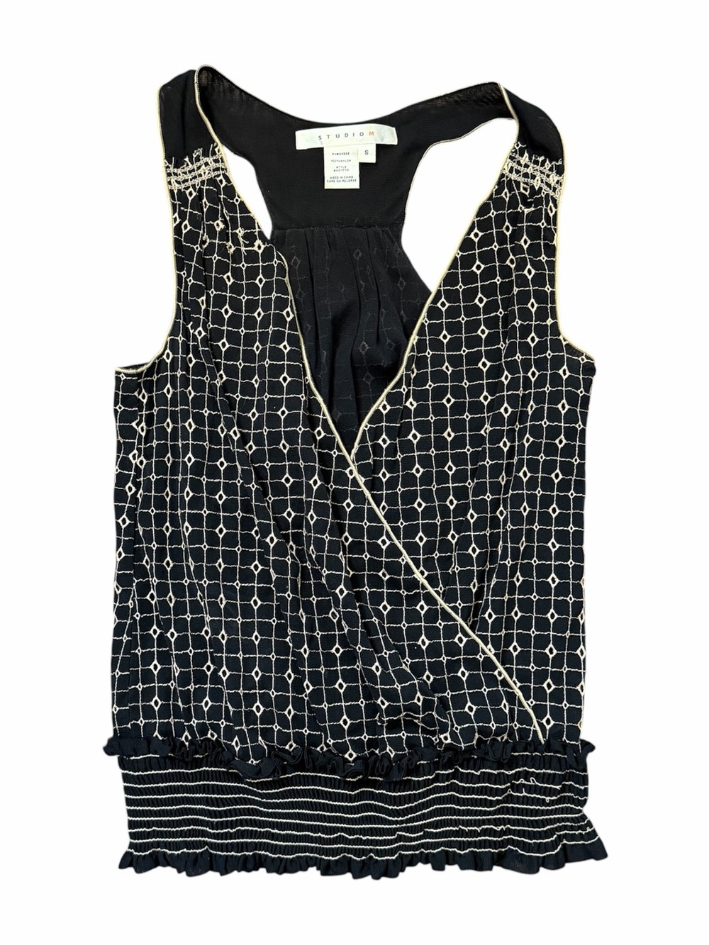 Studio M Embroidered Racerback Tank Top - Deep V-Neck Smocked Waist Black/Tan